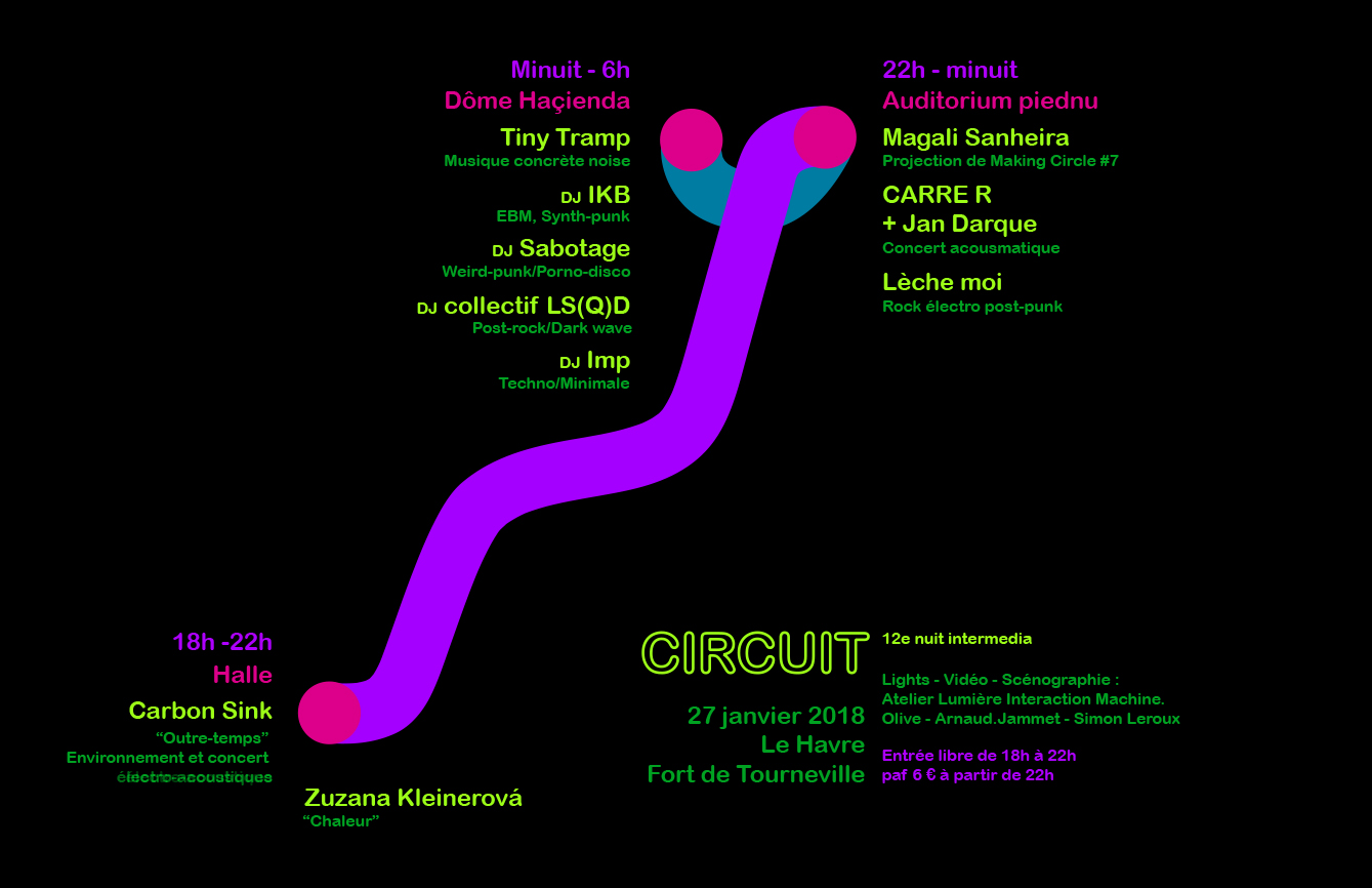 Flyer CIRCUIT, Soirée intermedia : Installations électro-acoustiques, Musique concrète, Rock Electro, E.B.M., Techno, Post-Rock, Projections, Environnement Lumière, Vidéo, Actions, Concerts, DJsets. Alvéole zéro 2018.